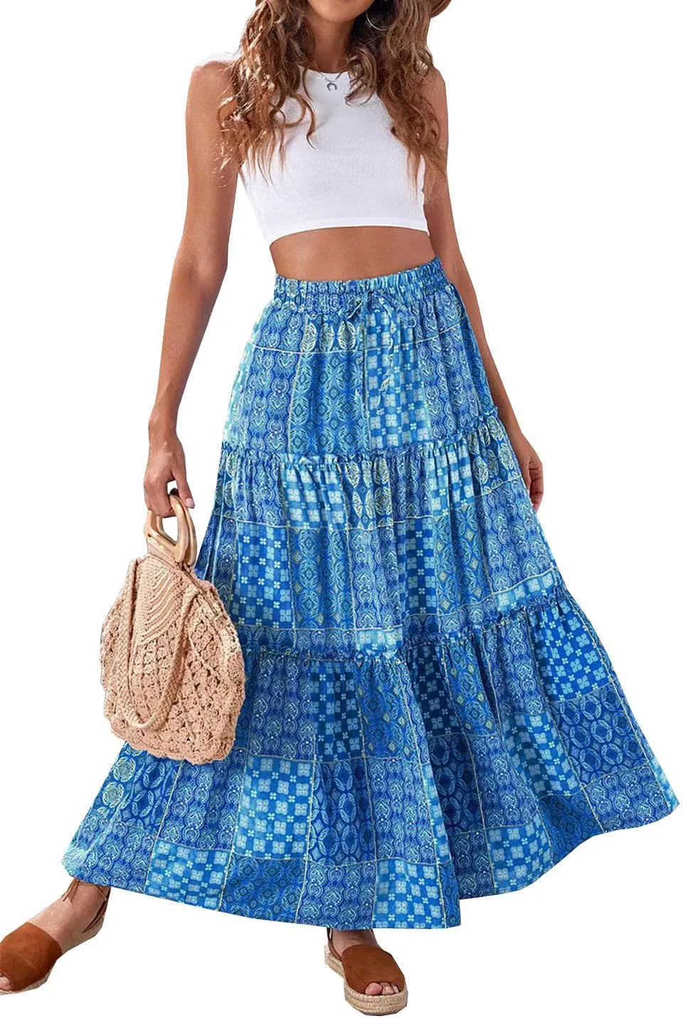 Women Maxi Skirt Casual High Elastic Waisted A Line Pleated Flowy Ruffle Tiered Boho Floral Bohemian Long Skirt
