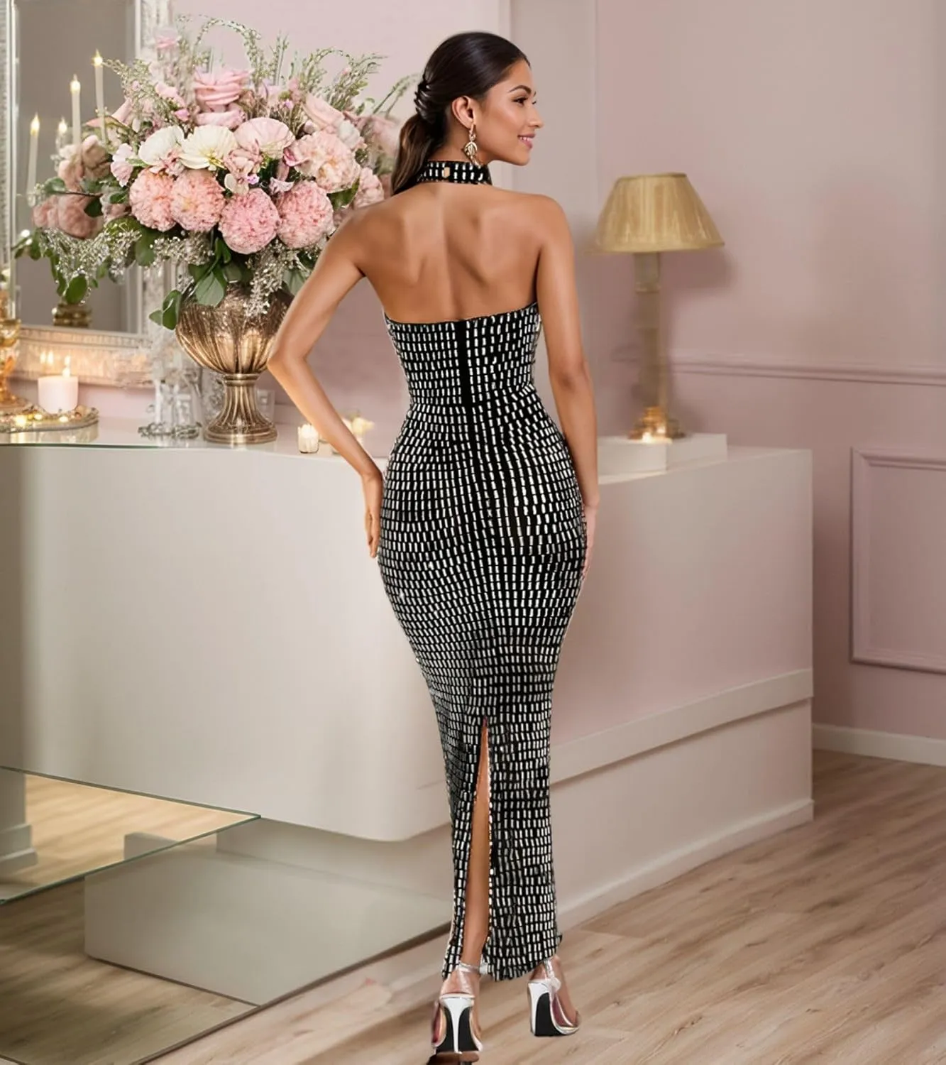 Women Sexy Elegant Rhinestone Mesh See Through Party Club Night Split Bodycon Formal Maxi Dress