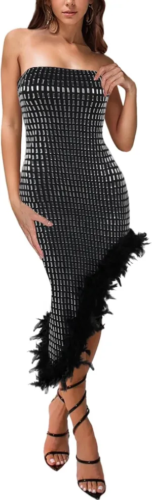 Women Sexy Elegant Rhinestone Mesh See Through Party Club Night Split Bodycon Formal Maxi Dress
