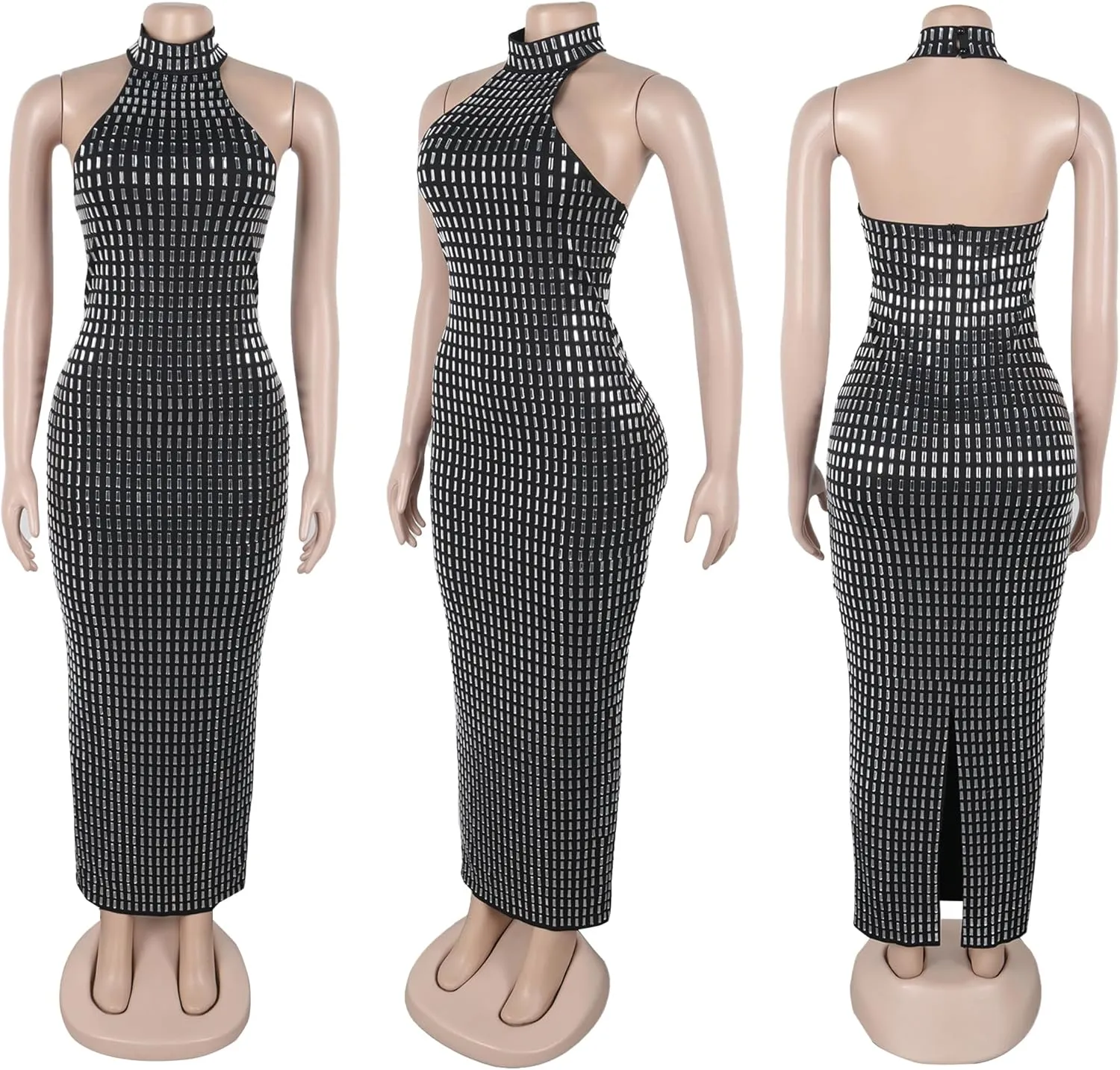 Women Sexy Elegant Rhinestone Mesh See Through Party Club Night Split Bodycon Formal Maxi Dress