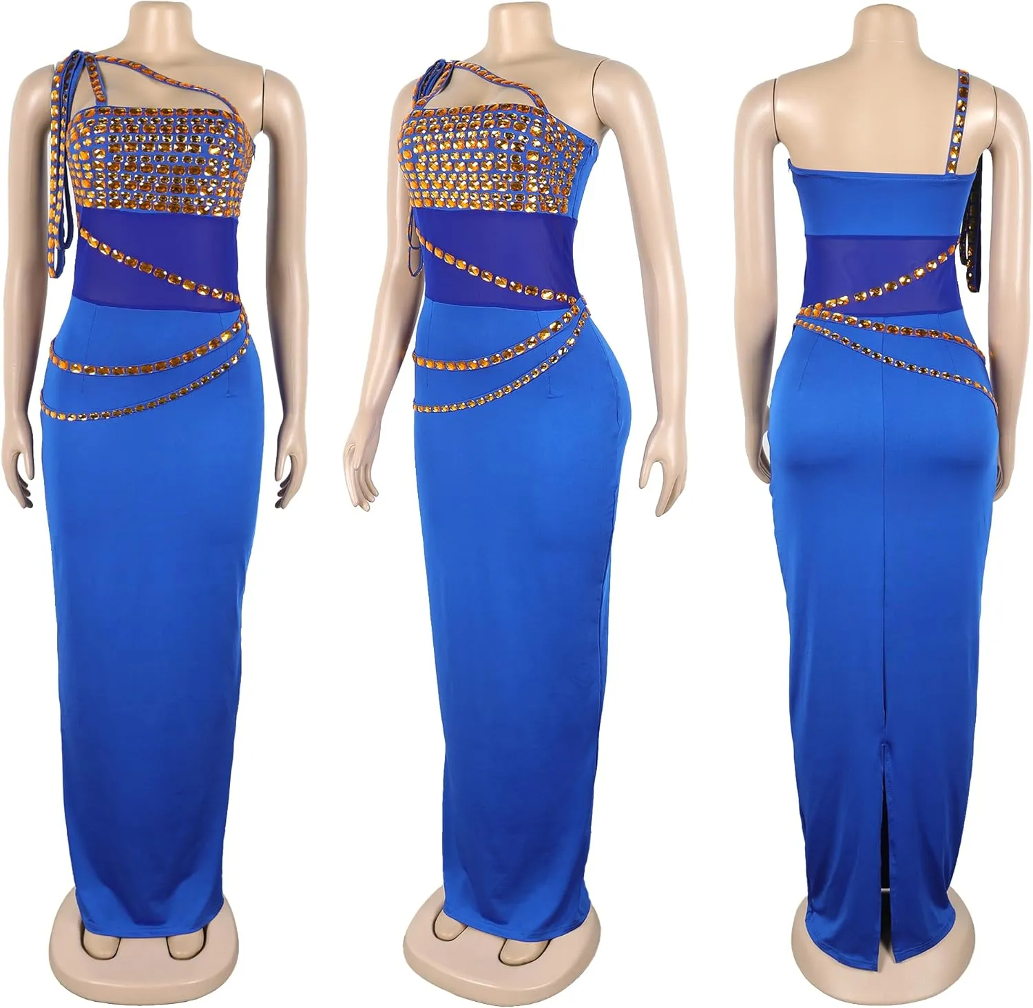 Women Sexy Elegant Rhinestone Mesh See Through Party Club Night Split Bodycon Formal Maxi Dress