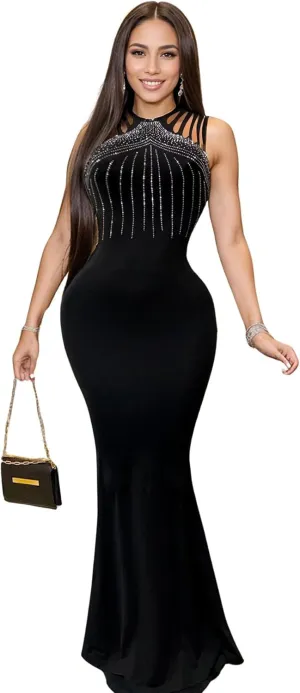 Women Sexy Elegant Rhinestone Mesh See Through Party Club Night Split Bodycon Formal Maxi Dress