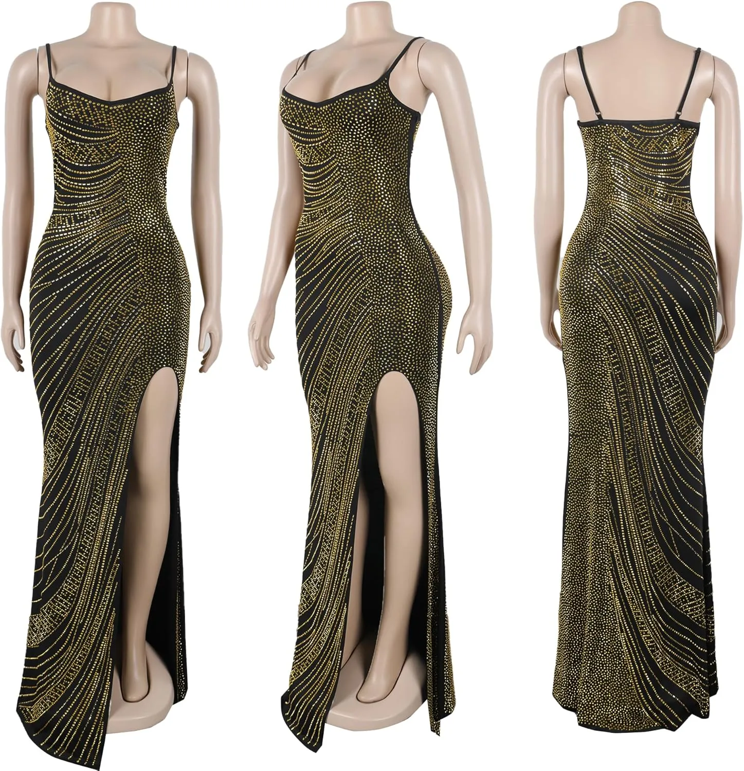 Women Sexy Elegant Rhinestone Mesh See Through Party Club Night Split Bodycon Formal Maxi Dress