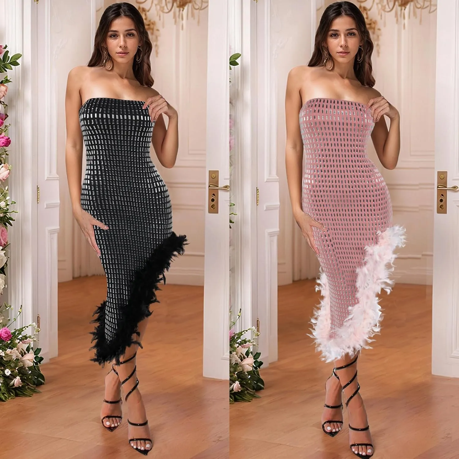 Women Sexy Elegant Rhinestone Mesh See Through Party Club Night Split Bodycon Formal Maxi Dress