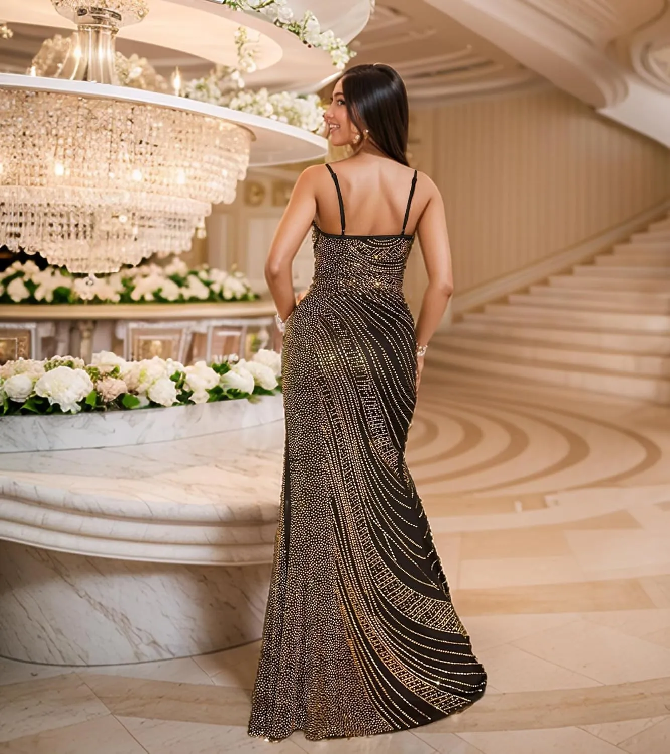Women Sexy Elegant Rhinestone Mesh See Through Party Club Night Split Bodycon Formal Maxi Dress