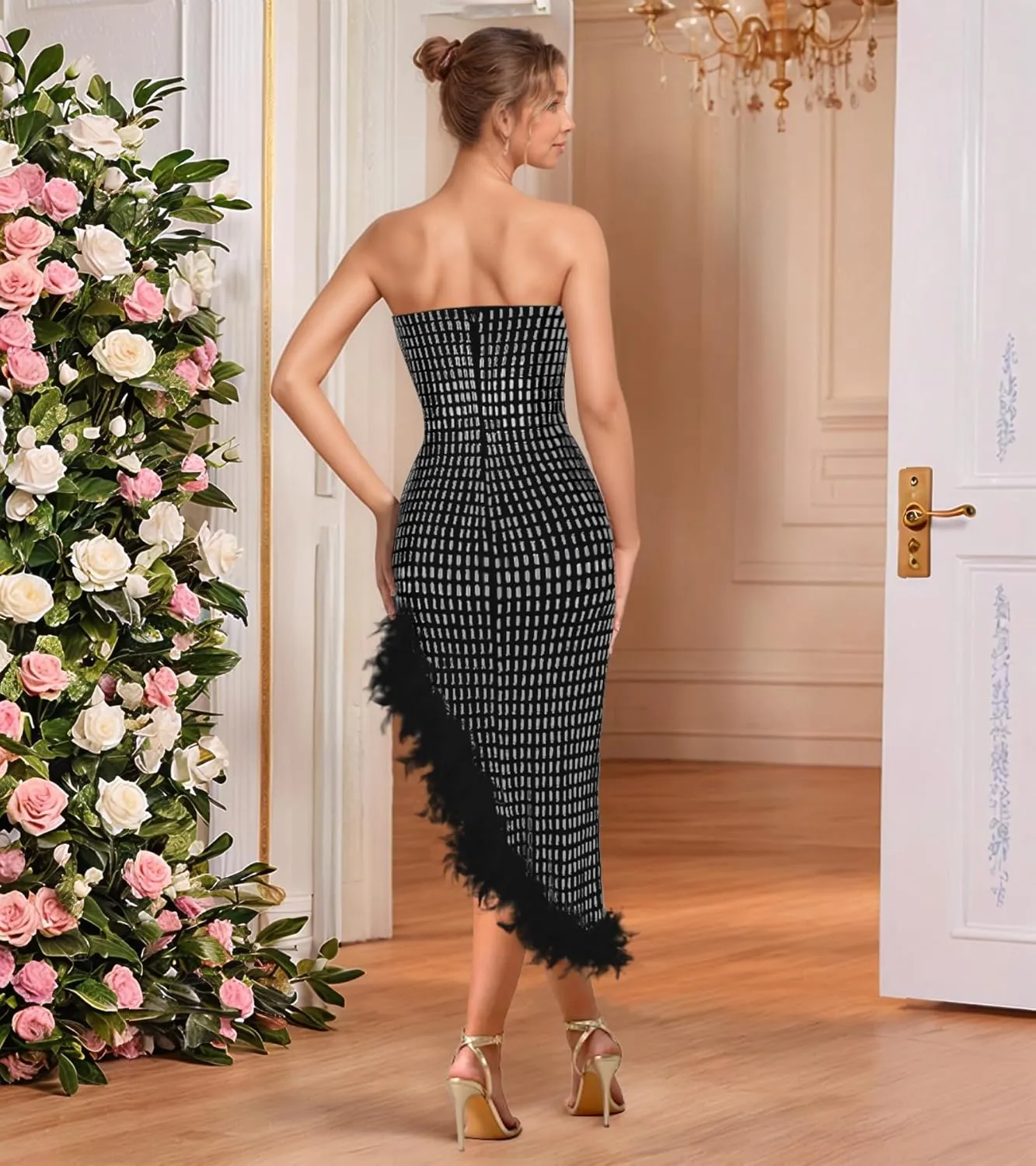 Women Sexy Elegant Rhinestone Mesh See Through Party Club Night Split Bodycon Formal Maxi Dress