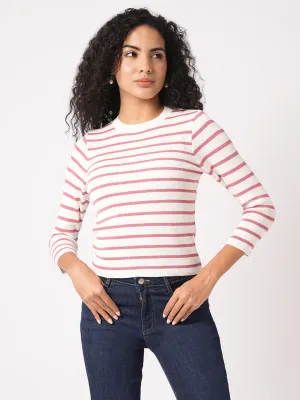 Women Slim Fit Blush Pink/White Regular T-Shirt