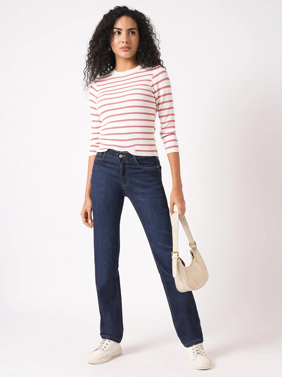 Women Slim Fit Blush Pink/White Regular T-Shirt