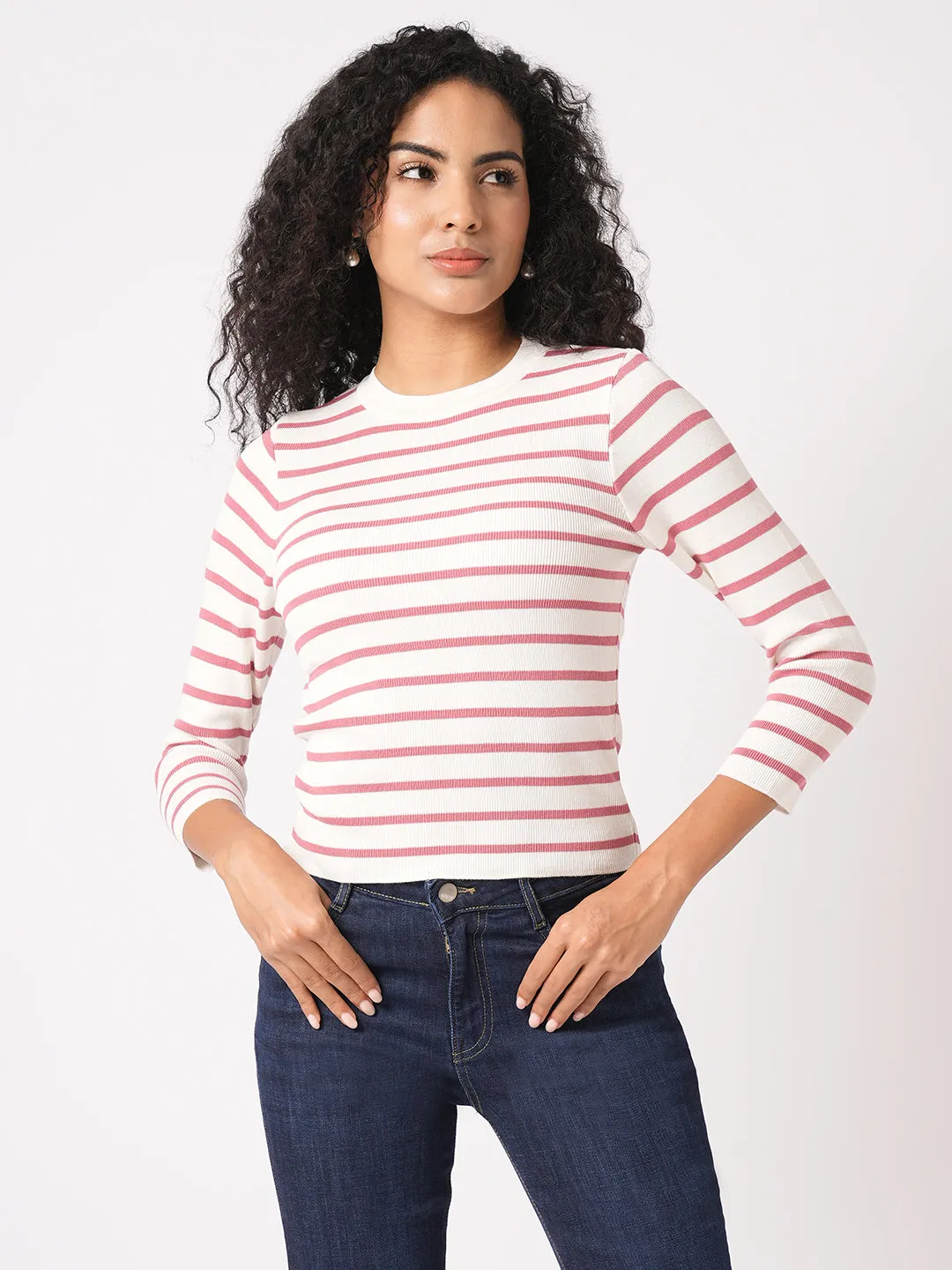 Women Slim Fit Blush Pink/White Regular T-Shirt
