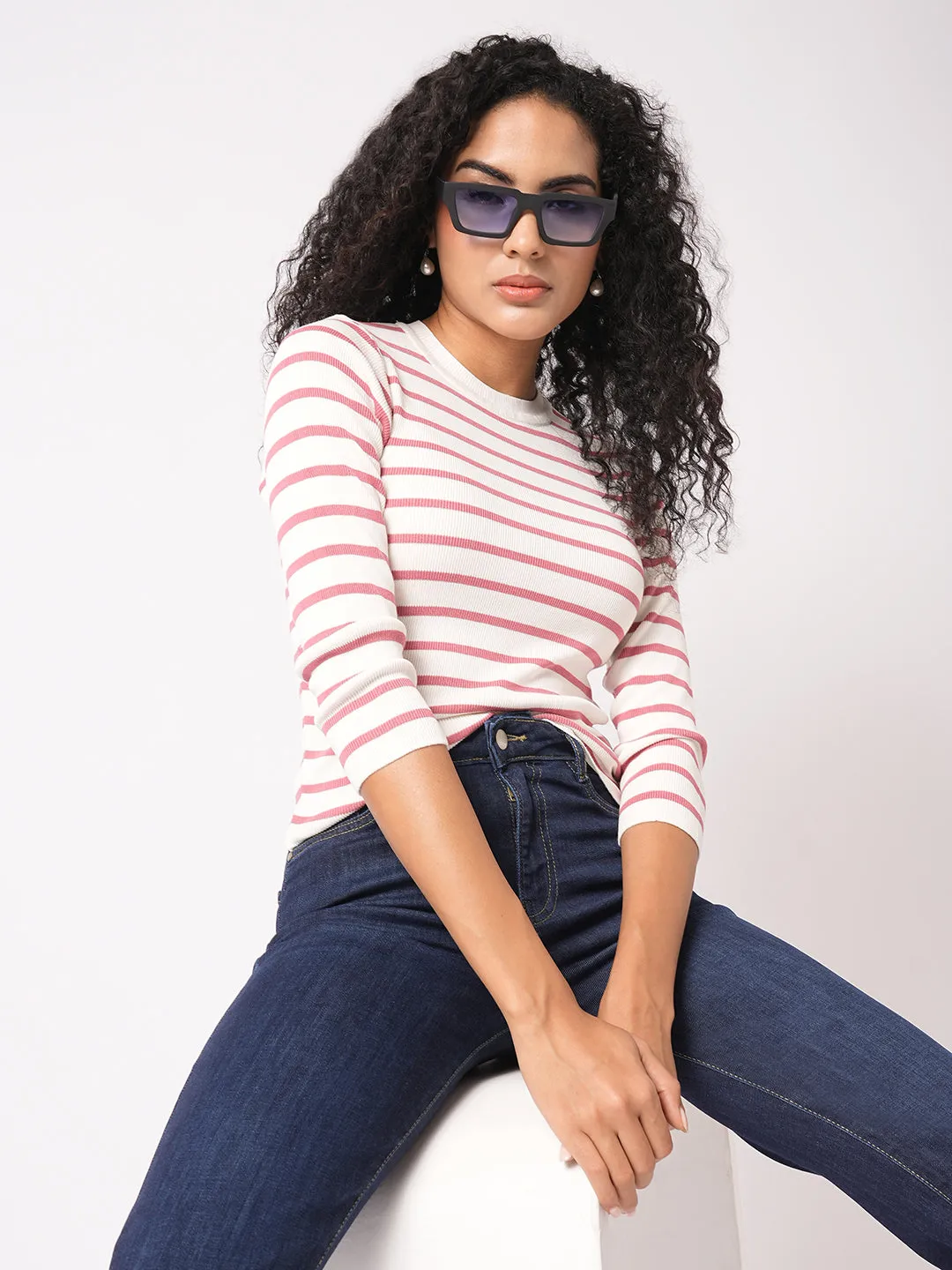 Women Slim Fit Blush Pink/White Regular T-Shirt