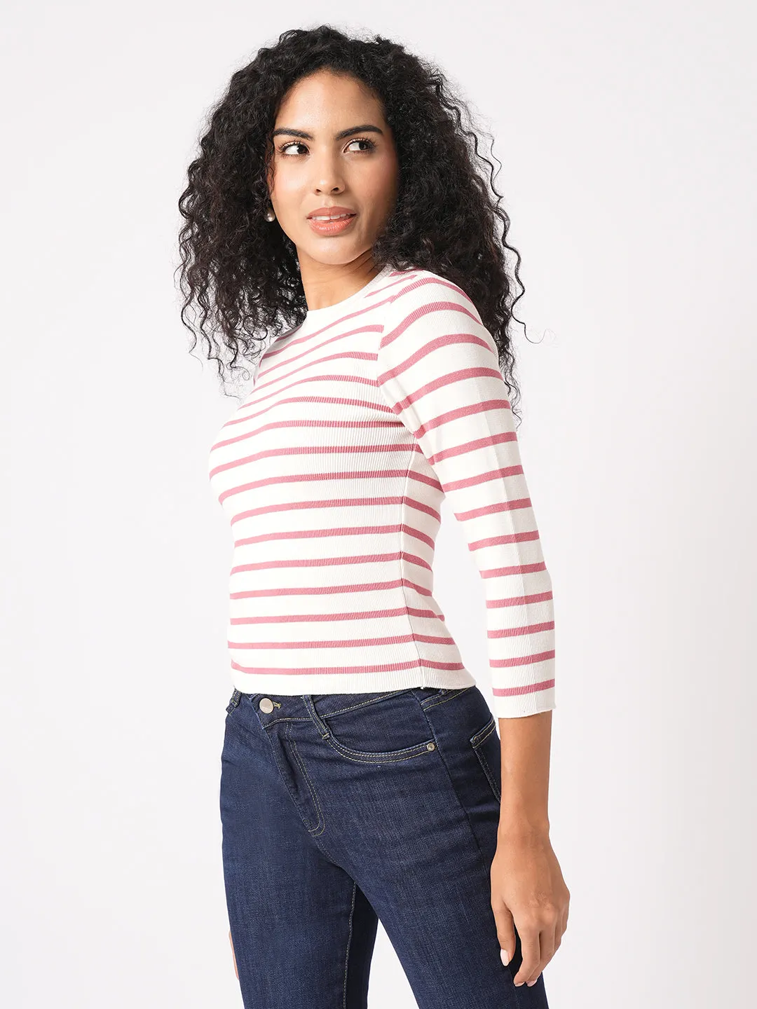 Women Slim Fit Blush Pink/White Regular T-Shirt