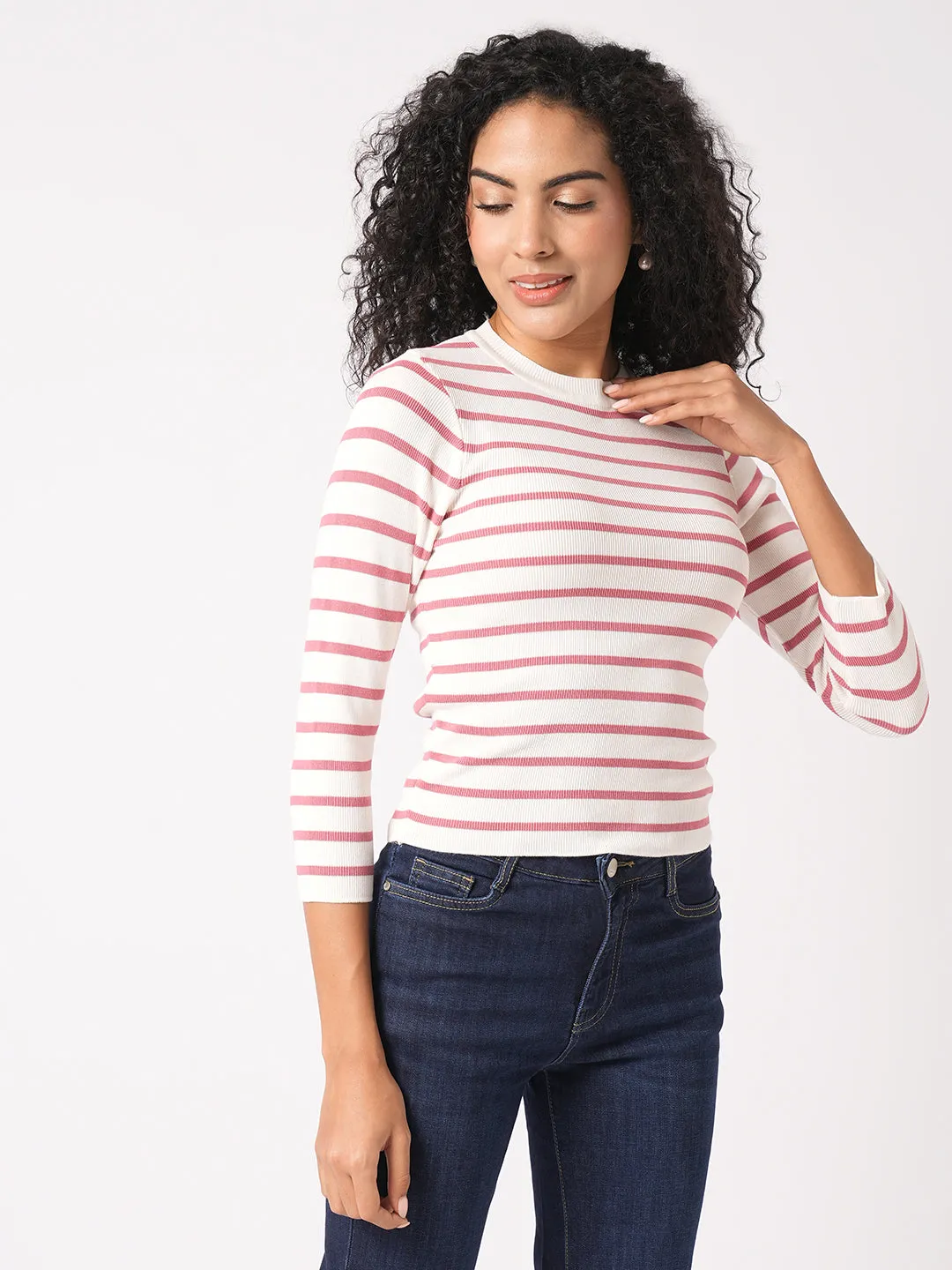 Women Slim Fit Blush Pink/White Regular T-Shirt