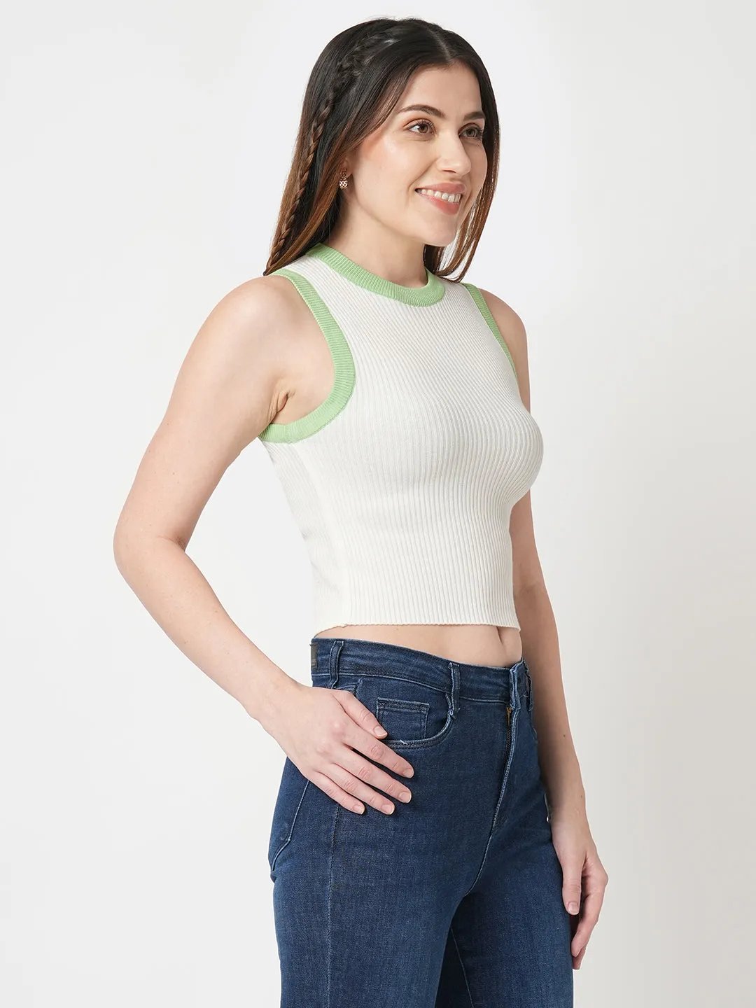 Women Slim Fit Off White Sleeveless Tank Top