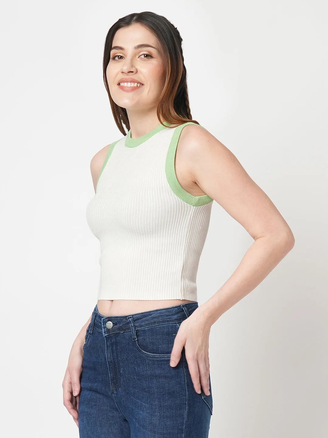 Women Slim Fit Off White Sleeveless Tank Top