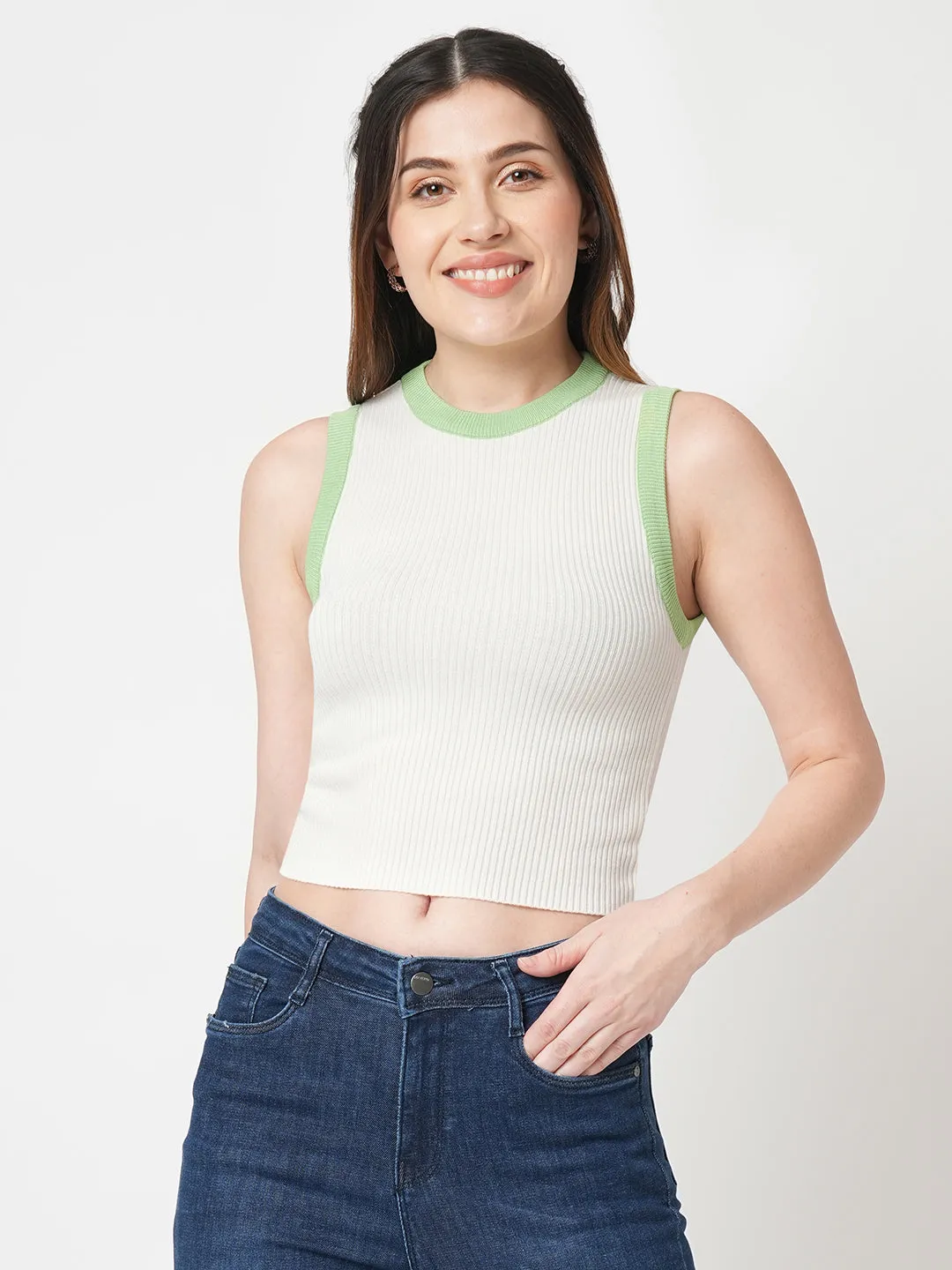 Women Slim Fit Off White Sleeveless Tank Top