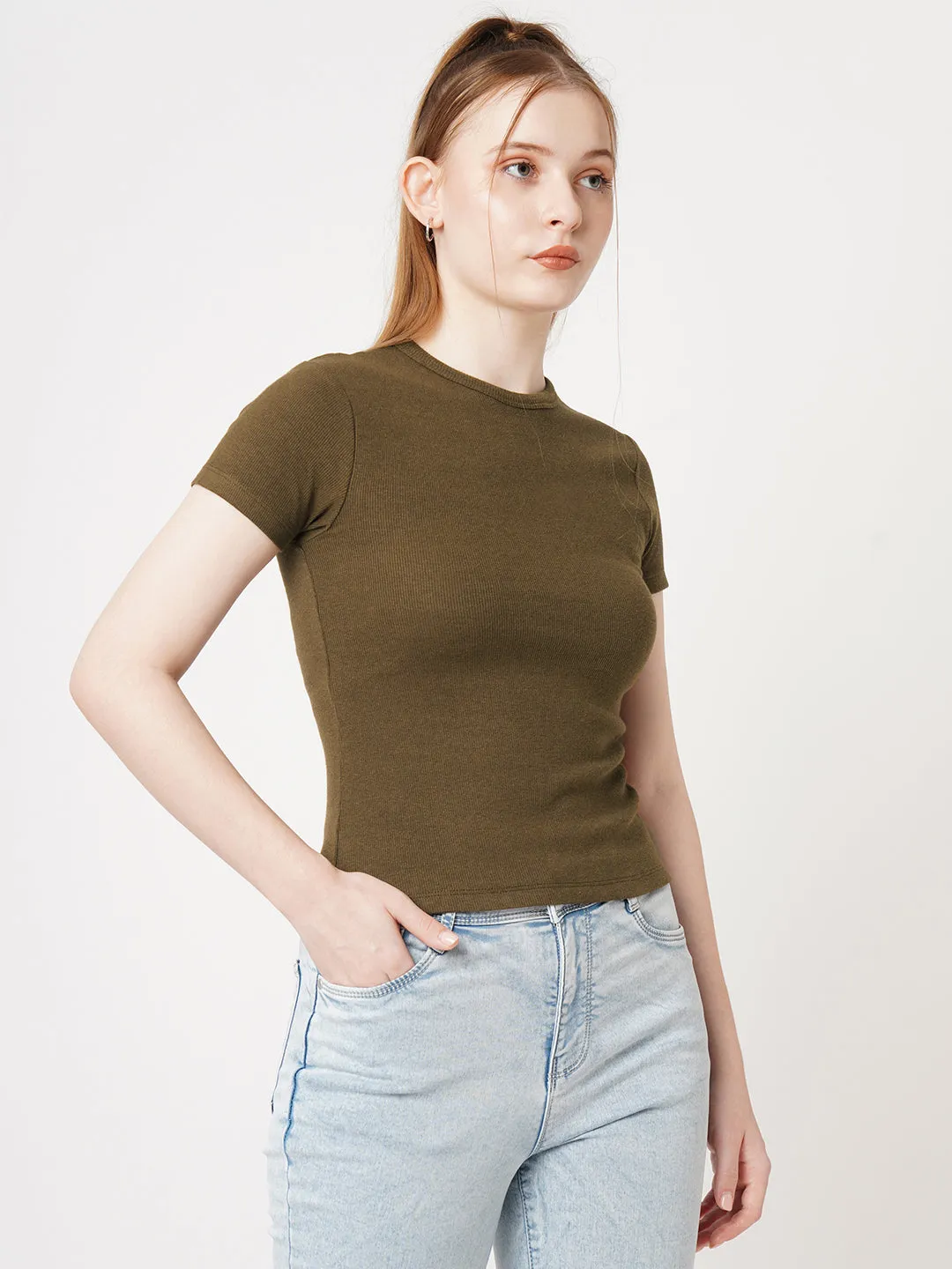 Women Slim Fit Sepia Crop Rib T-Shirt