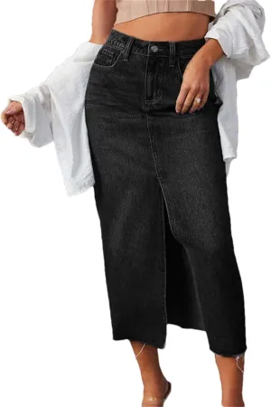 Women Summer Midi Denim Skirts Vintage Button Down High Waisted Front Jeans Skirt