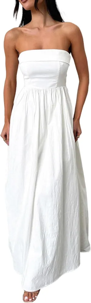 Women Summer Strapless Maxi Tube Dress 2024 Trendy Solid Pleated Flowy Dress Wedding Guest Maxi Dresses Party Club