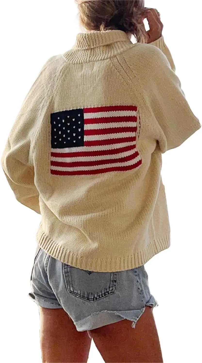Women Y2k American Flag Pattern Sweater Solid Color Fourth of July Cardigan Patriotic Knic USA Button Front Top