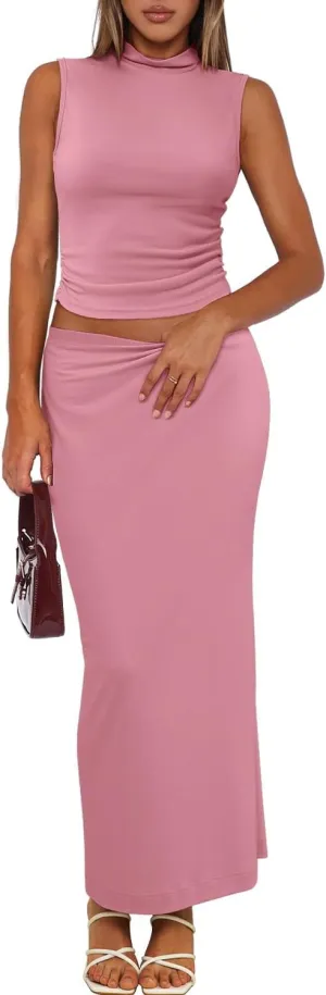 Womens 2 Piece Skirt Sets Casual Summer Outfits Sleeveless Mock Neck Crop Tank Tops High Waist Long Maxi Dress Set