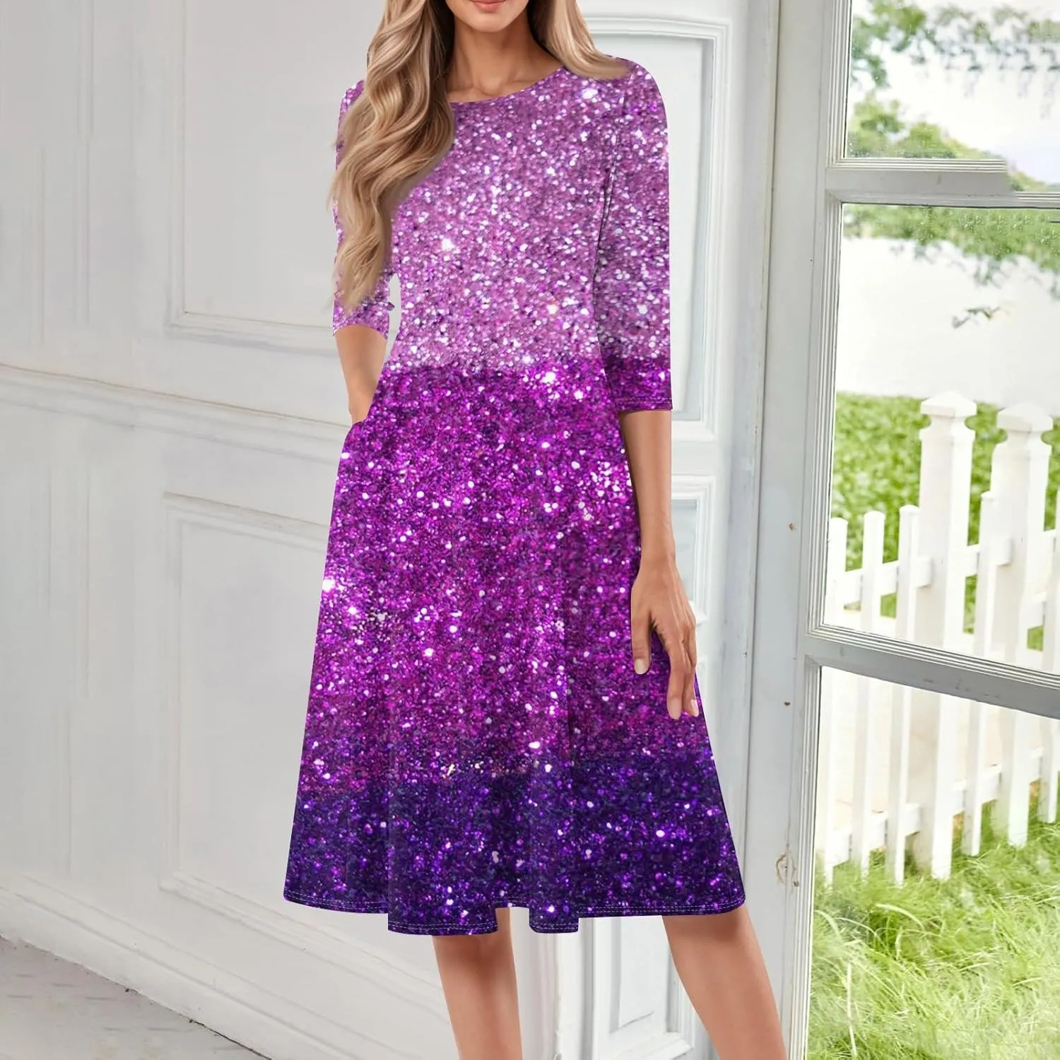 Women's 3/4 Sleeve Casual Dress A-line Crew Neck Printed Knee Length Flare Midi Long Dress
