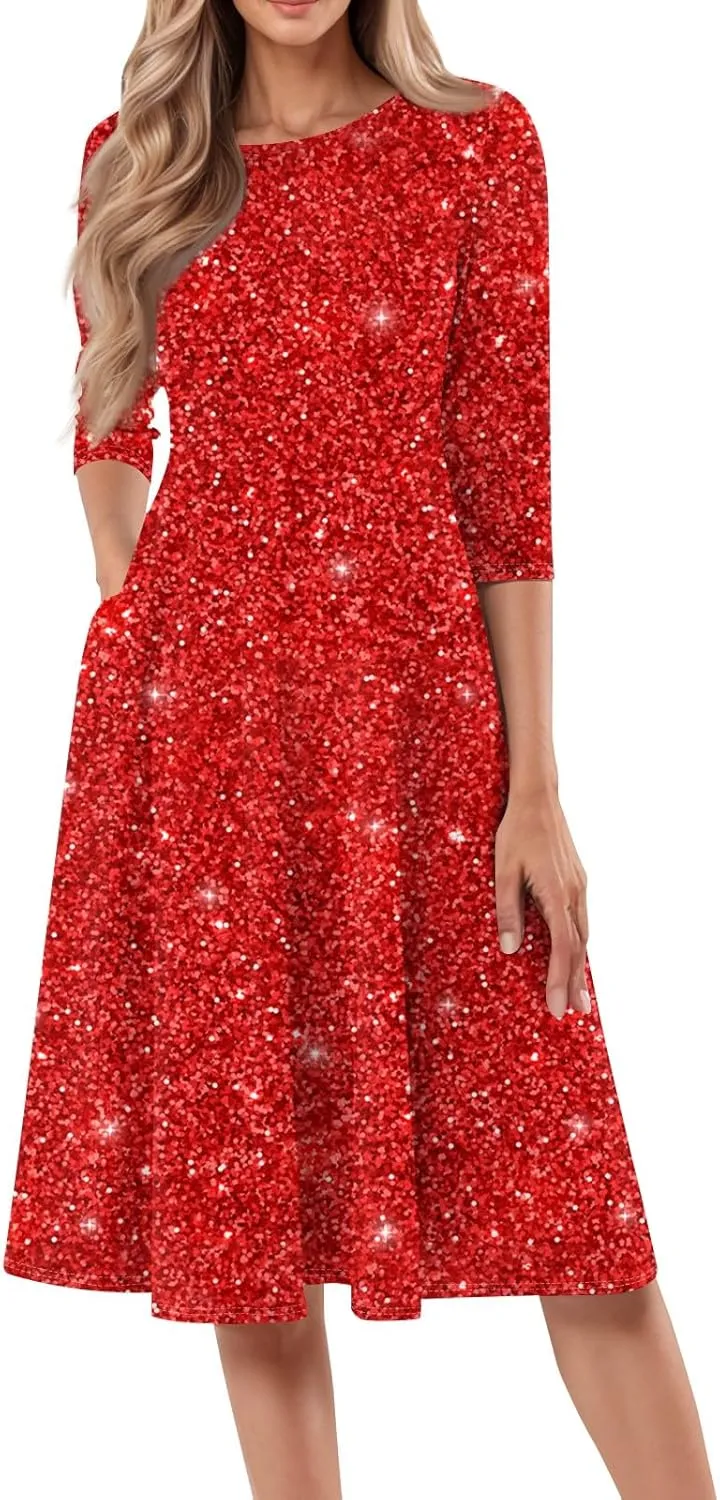 Women's 3/4 Sleeve Casual Dress A-line Crew Neck Printed Knee Length Flare Midi Long Dress