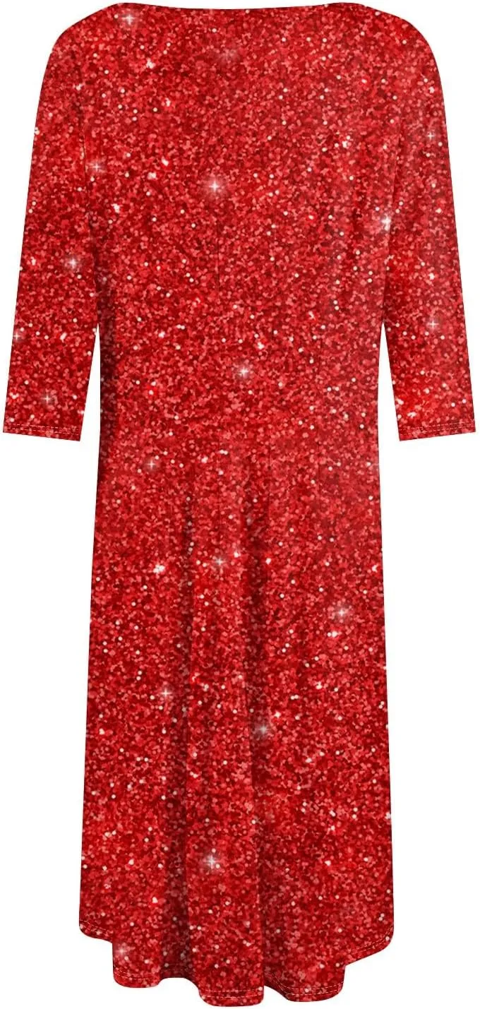 Women's 3/4 Sleeve Casual Dress A-line Crew Neck Printed Knee Length Flare Midi Long Dress