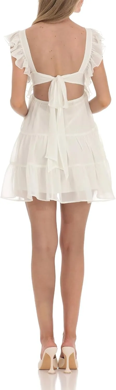 Women's Babydoll Mini Dress Tie Shoulder Backless Bow Party Summer Sundress Flowy Short Graduation Dress