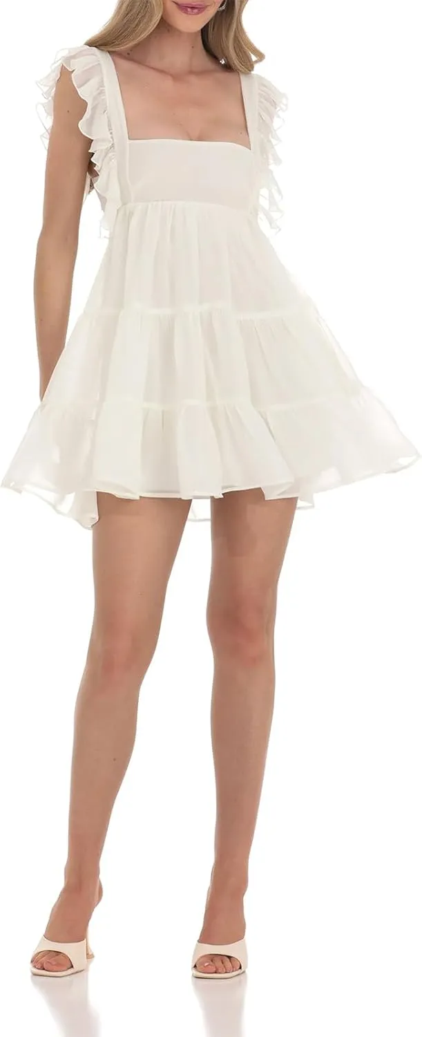 Women's Babydoll Mini Dress Tie Shoulder Backless Bow Party Summer Sundress Flowy Short Graduation Dress