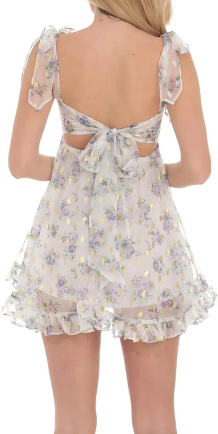 Women's Babydoll Mini Dress Tie Shoulder Backless Bow Party Summer Sundress Flowy Short Graduation Dress