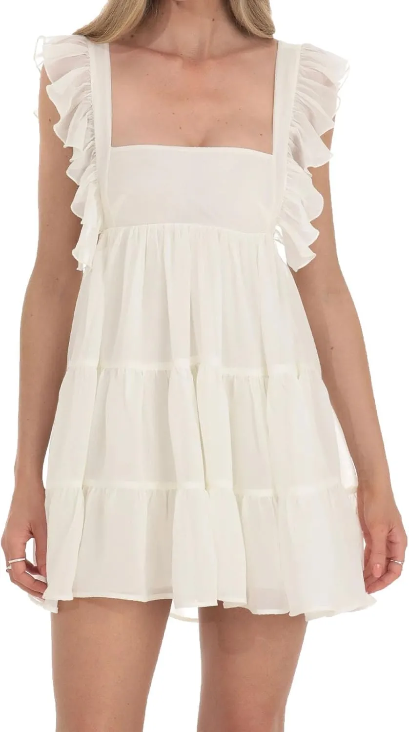 Women's Babydoll Mini Dress Tie Shoulder Backless Bow Party Summer Sundress Flowy Short Graduation Dress