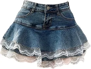 Women's Blue Denim Lace Short Skirt Korean Aesthetics Mini A-Line Skirt