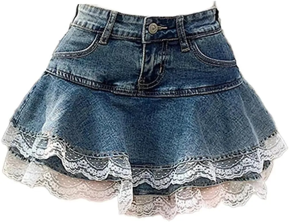 Women's Blue Denim Lace Short Skirt Korean Aesthetics Mini A-Line Skirt