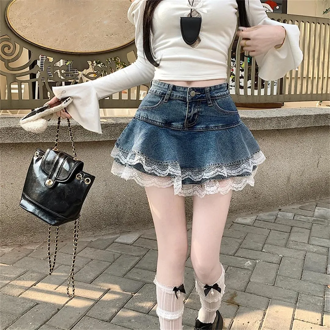 Women's Blue Denim Lace Short Skirt Korean Aesthetics Mini A-Line Skirt