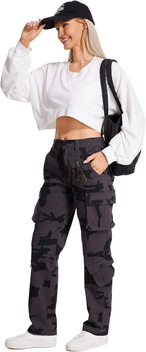 Womens Cargo Army Combat Work Pants with 8 Pockets Casual Cotton Ripstop Construction Pants