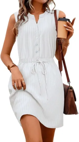 Women's Casual Button Drawstring Sleeveless Dress, Summer Fashion Short Dresses for Women