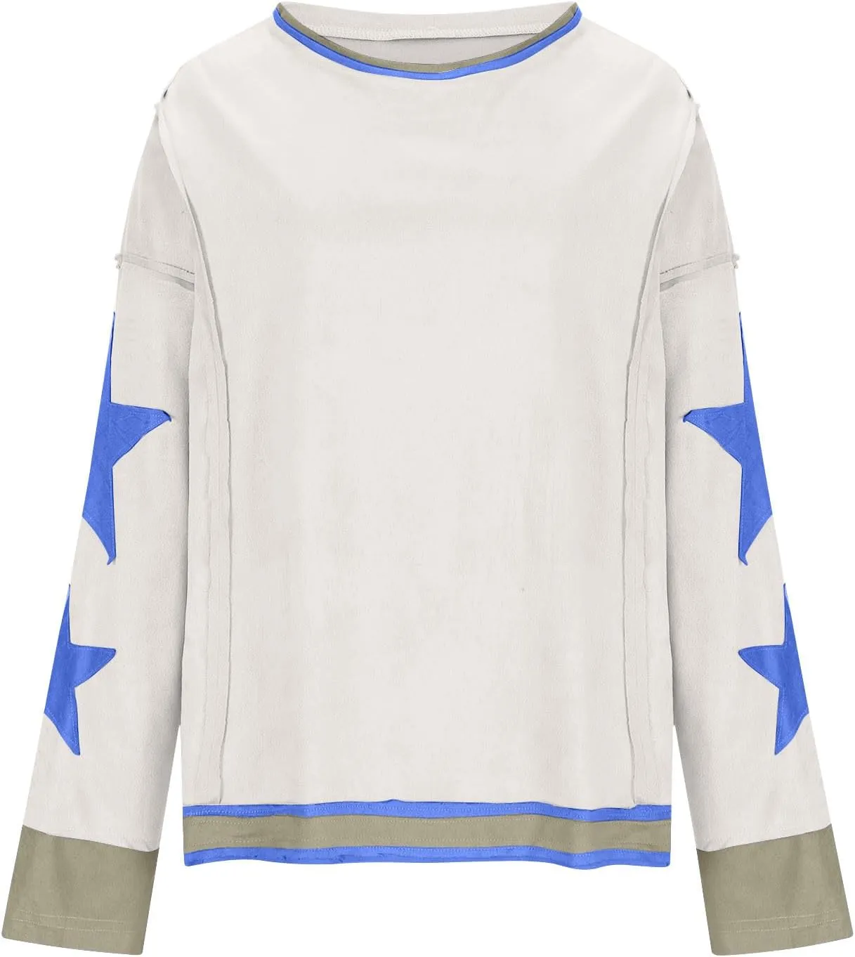 Women's Casual Loose Color Matching Round Neck Long Sleeved T-shirt Loose Top Long Sleeved Round Neck Star Tops