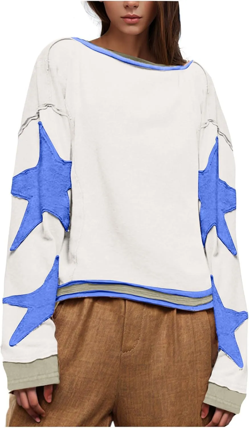 Women's Casual Loose Color Matching Round Neck Long Sleeved T-shirt Loose Top Long Sleeved Round Neck Star Tops