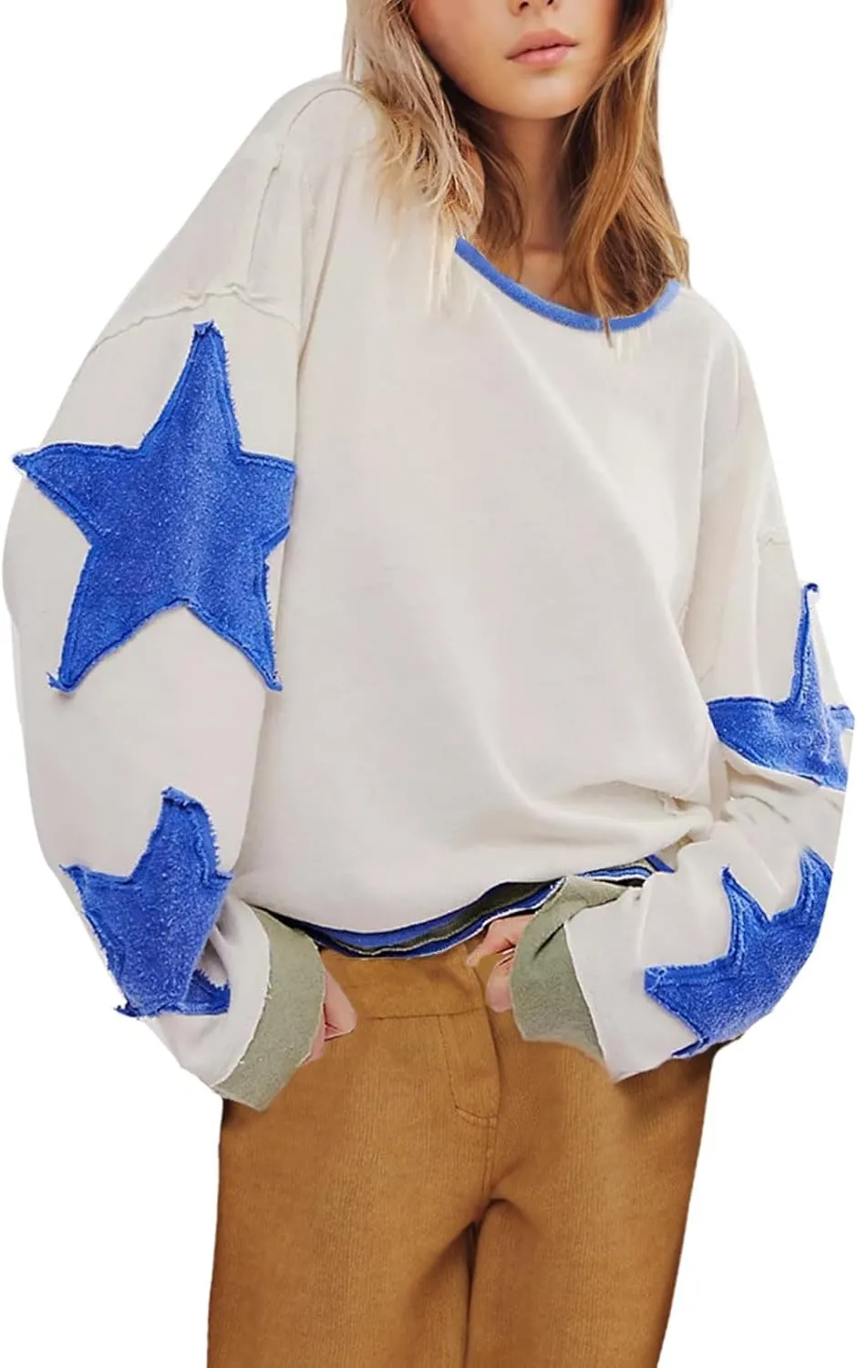 Women's Casual Loose Color Matching Round Neck Long Sleeved T-shirt Loose Top Long Sleeved Round Neck Star Tops