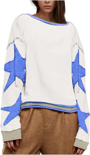Women's Casual Loose Color Matching Round Neck Long Sleeved T-shirt Loose Top Long Sleeved Round Neck Star Tops