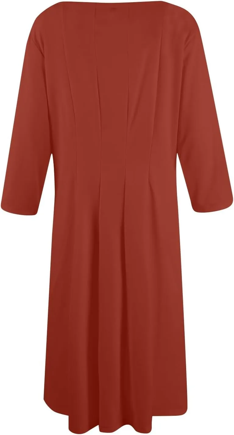 Women's Casual Midi Solid Color Dress A Line 3/4 Sleeve Tunic Dresses Pleated Crew Neck Fashion Loose Fit Wrap Dress