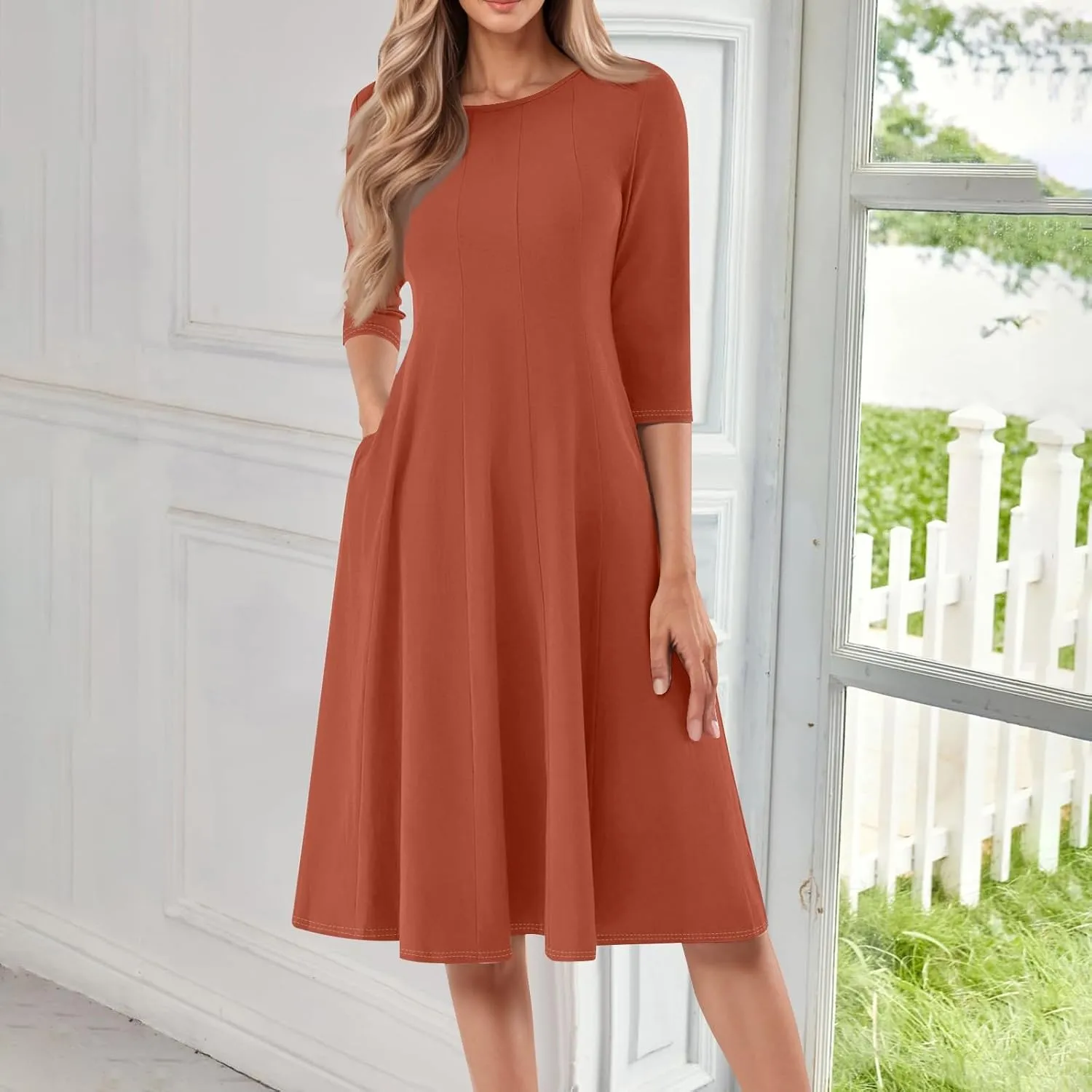 Women's Casual Midi Solid Color Dress A Line 3/4 Sleeve Tunic Dresses Pleated Crew Neck Fashion Loose Fit Wrap Dress