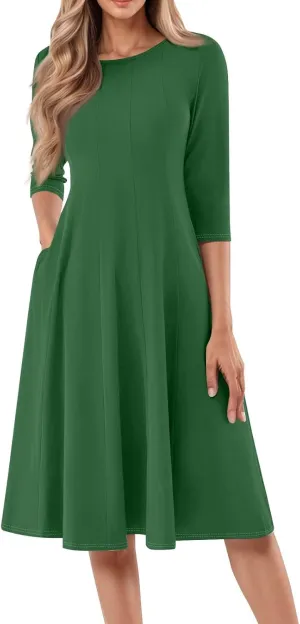 Women's Casual Midi Solid Color Dress A Line 3/4 Sleeve Tunic Dresses Pleated Crew Neck Fashion Loose Fit Wrap Dress