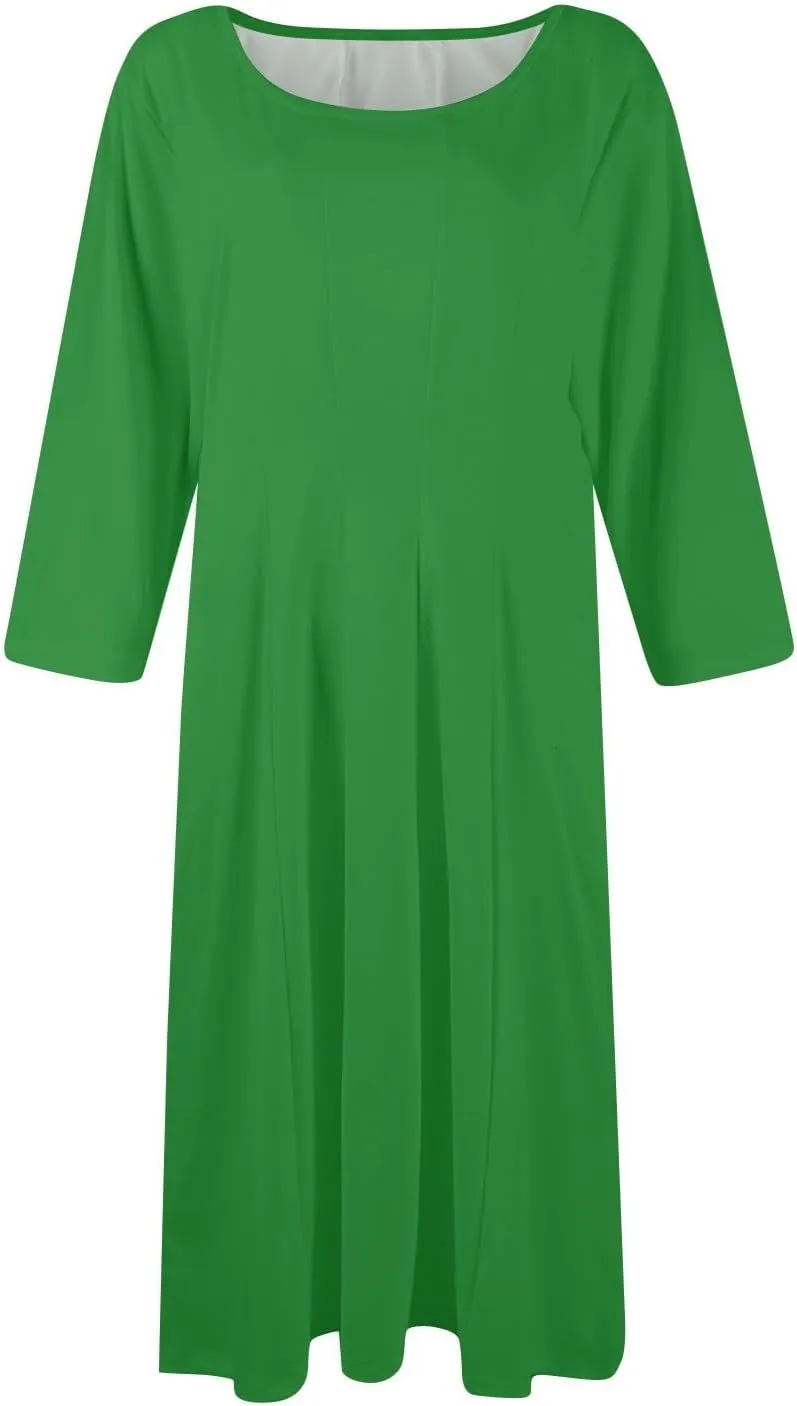 Women's Casual Midi Solid Color Dress A Line 3/4 Sleeve Tunic Dresses Pleated Crew Neck Fashion Loose Fit Wrap Dress