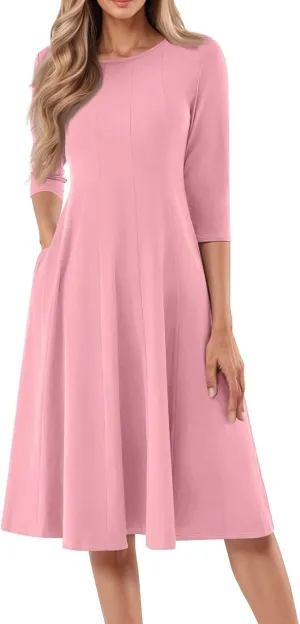 Women's Casual Midi Solid Color Dress A Line 3/4 Sleeve Tunic Dresses Pleated Crew Neck Fashion Loose Fit Wrap Dress