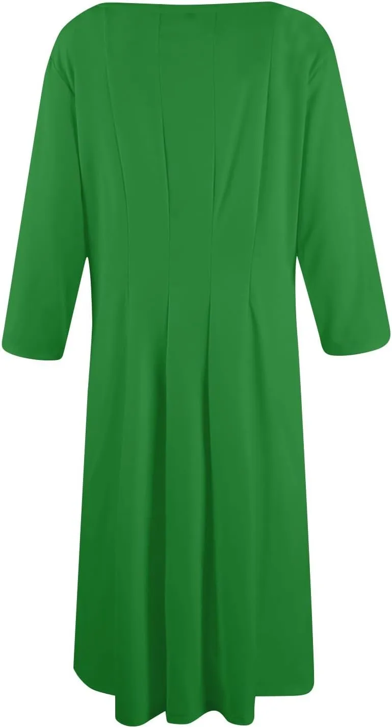 Women's Casual Midi Solid Color Dress A Line 3/4 Sleeve Tunic Dresses Pleated Crew Neck Fashion Loose Fit Wrap Dress