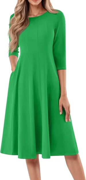 Women's Casual Midi Solid Color Dress A Line 3/4 Sleeve Tunic Dresses Pleated Crew Neck Fashion Loose Fit Wrap Dress