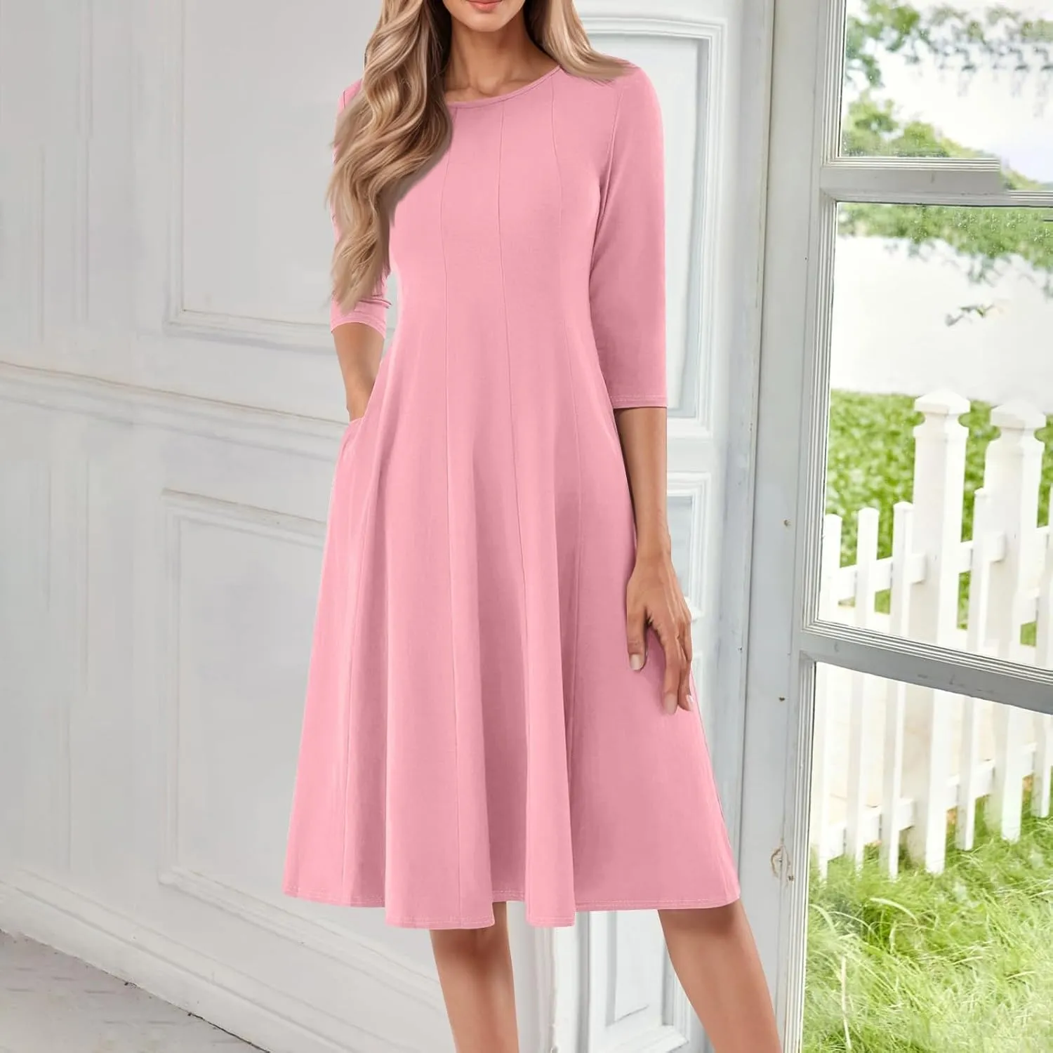 Women's Casual Midi Solid Color Dress A Line 3/4 Sleeve Tunic Dresses Pleated Crew Neck Fashion Loose Fit Wrap Dress
