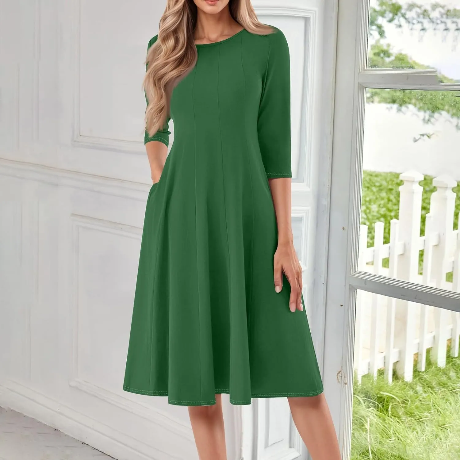 Women's Casual Midi Solid Color Dress A Line 3/4 Sleeve Tunic Dresses Pleated Crew Neck Fashion Loose Fit Wrap Dress