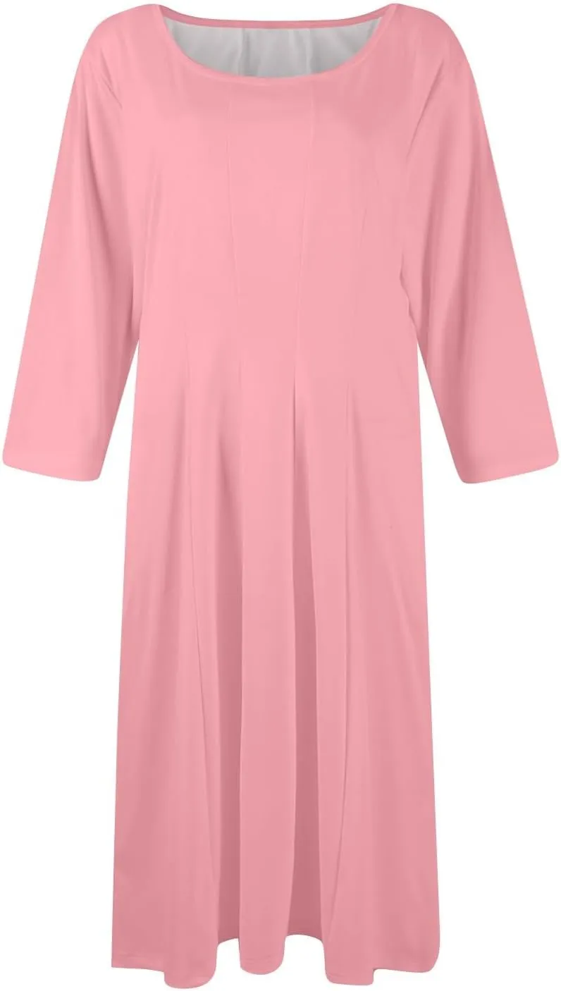 Women's Casual Midi Solid Color Dress A Line 3/4 Sleeve Tunic Dresses Pleated Crew Neck Fashion Loose Fit Wrap Dress